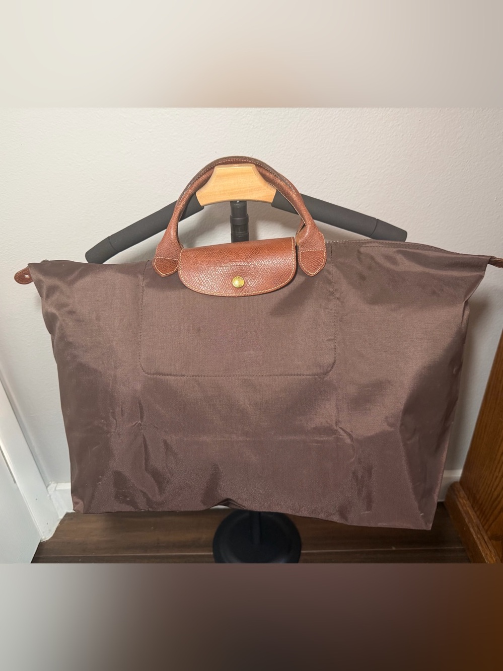 Longchamp Large Brown Nylon Tote with Tan Leather Trim